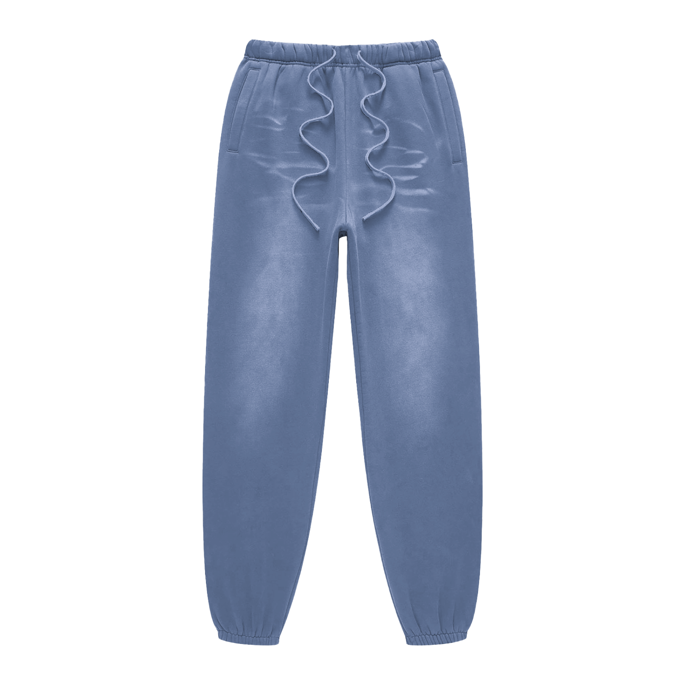 Blue sweatpants with ruffled waistband on a white background