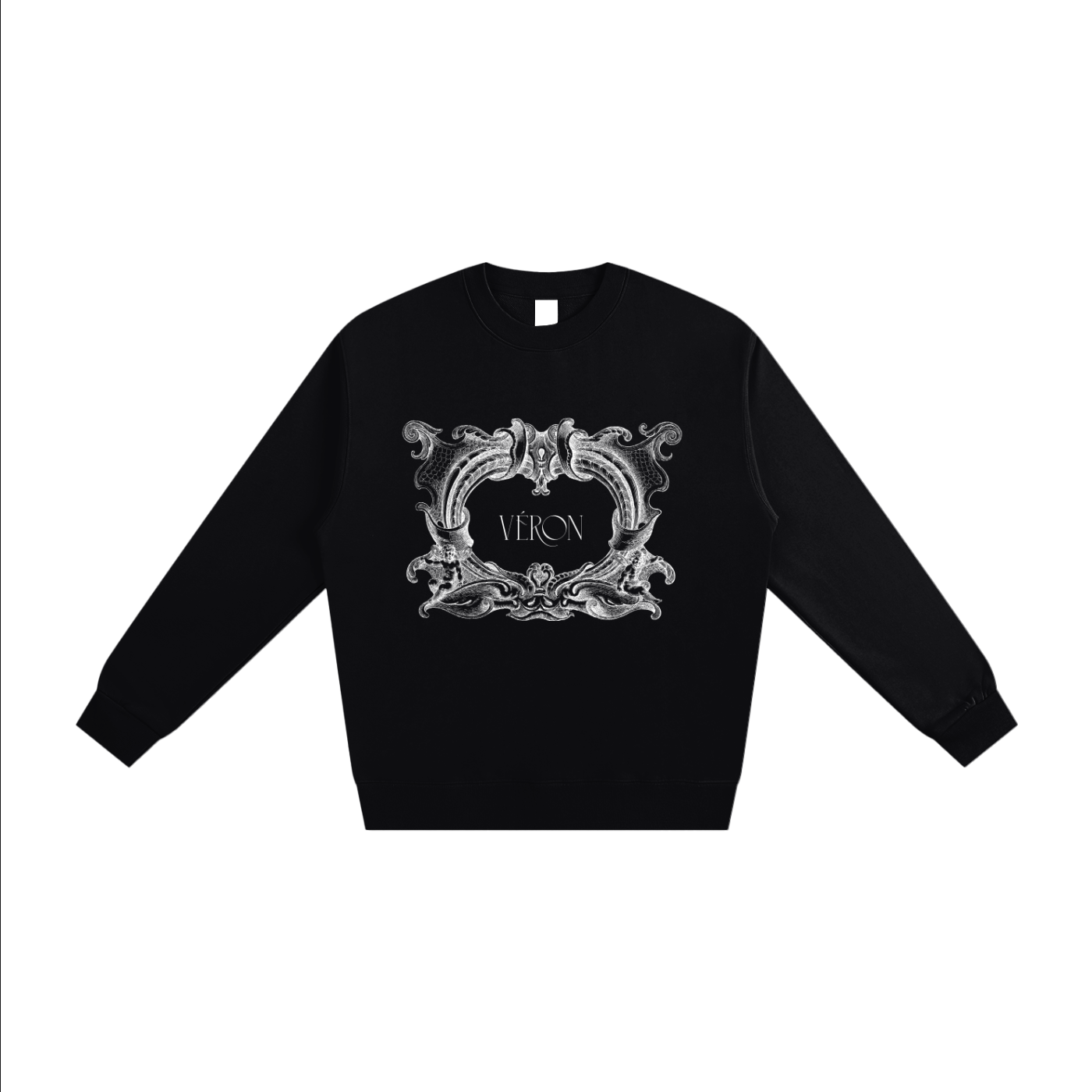 Black sweatshirt with decorative emblem and 'VERON' text on a white background