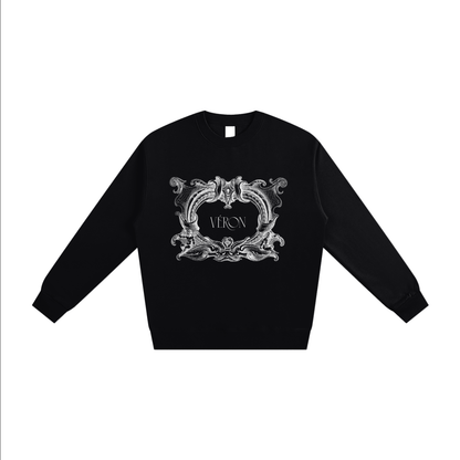 Black sweatshirt with decorative emblem and 'VERON' text on a white background