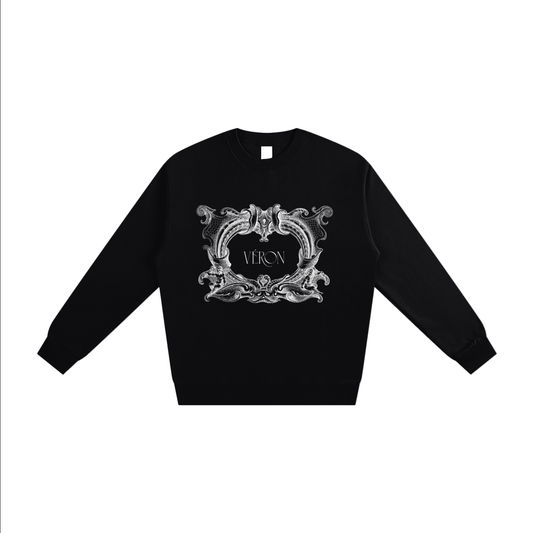 Black sweatshirt with decorative emblem and 'VERON' text on a white background