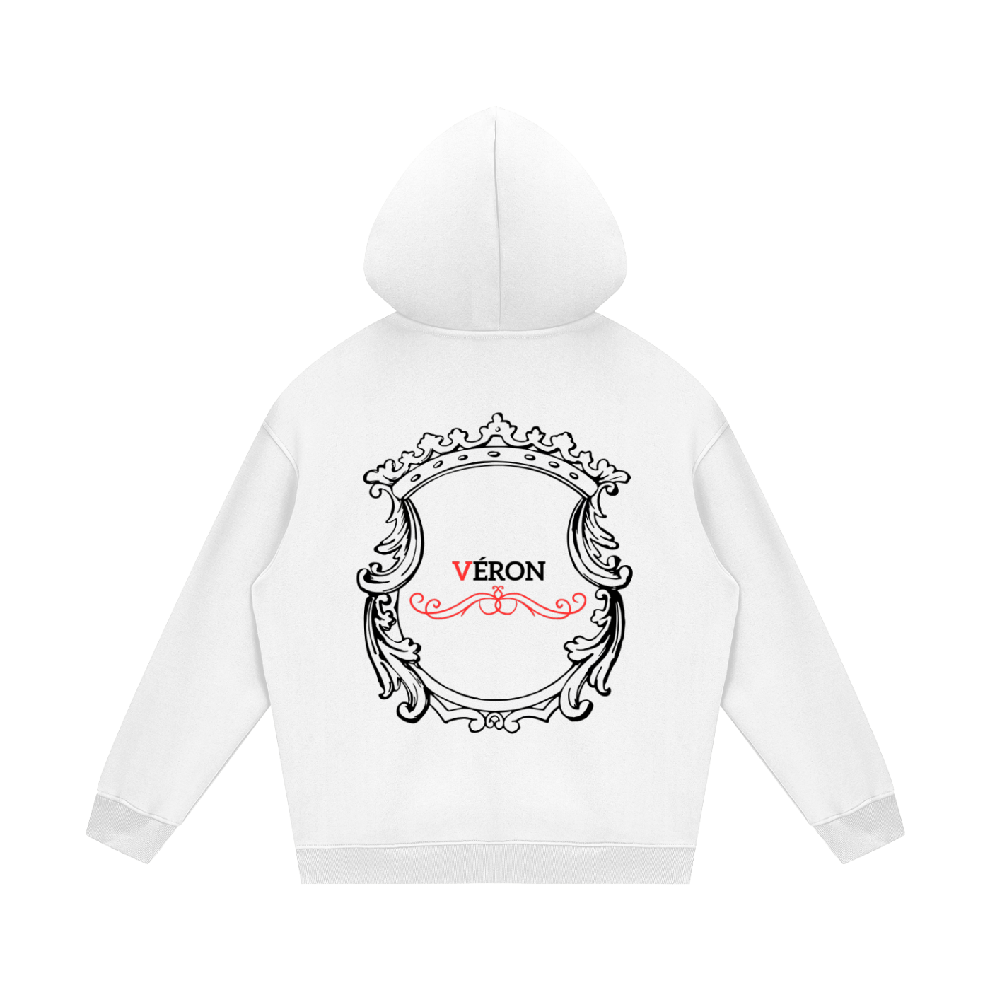 White hoodie with decorative emblem and 'VERON' text on a white background