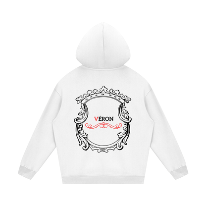 White hoodie with decorative emblem and 'VERON' text on a white background