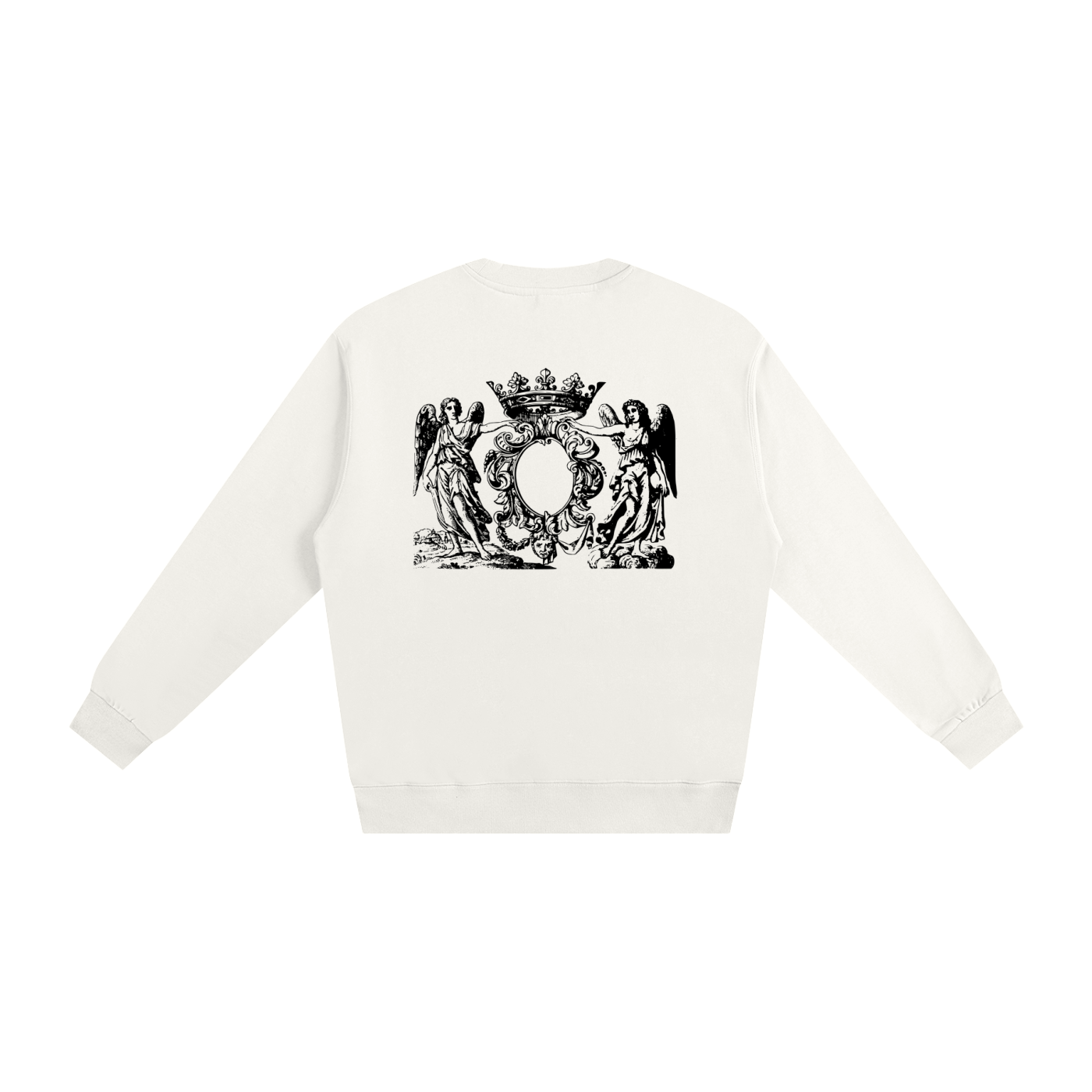 White sweatshirt with black emblem design on a white background
