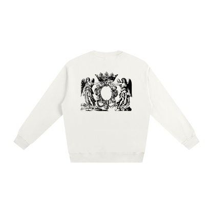White sweatshirt with black emblem design on a white background