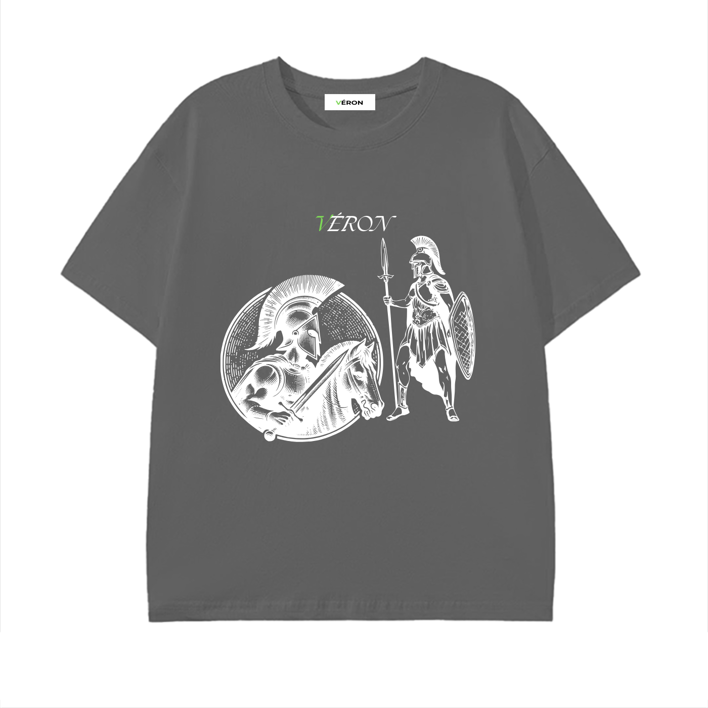 VERON Gray t-shirt with white graphic design on a white background