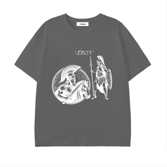 VERON Gray t-shirt with white graphic design on a white background