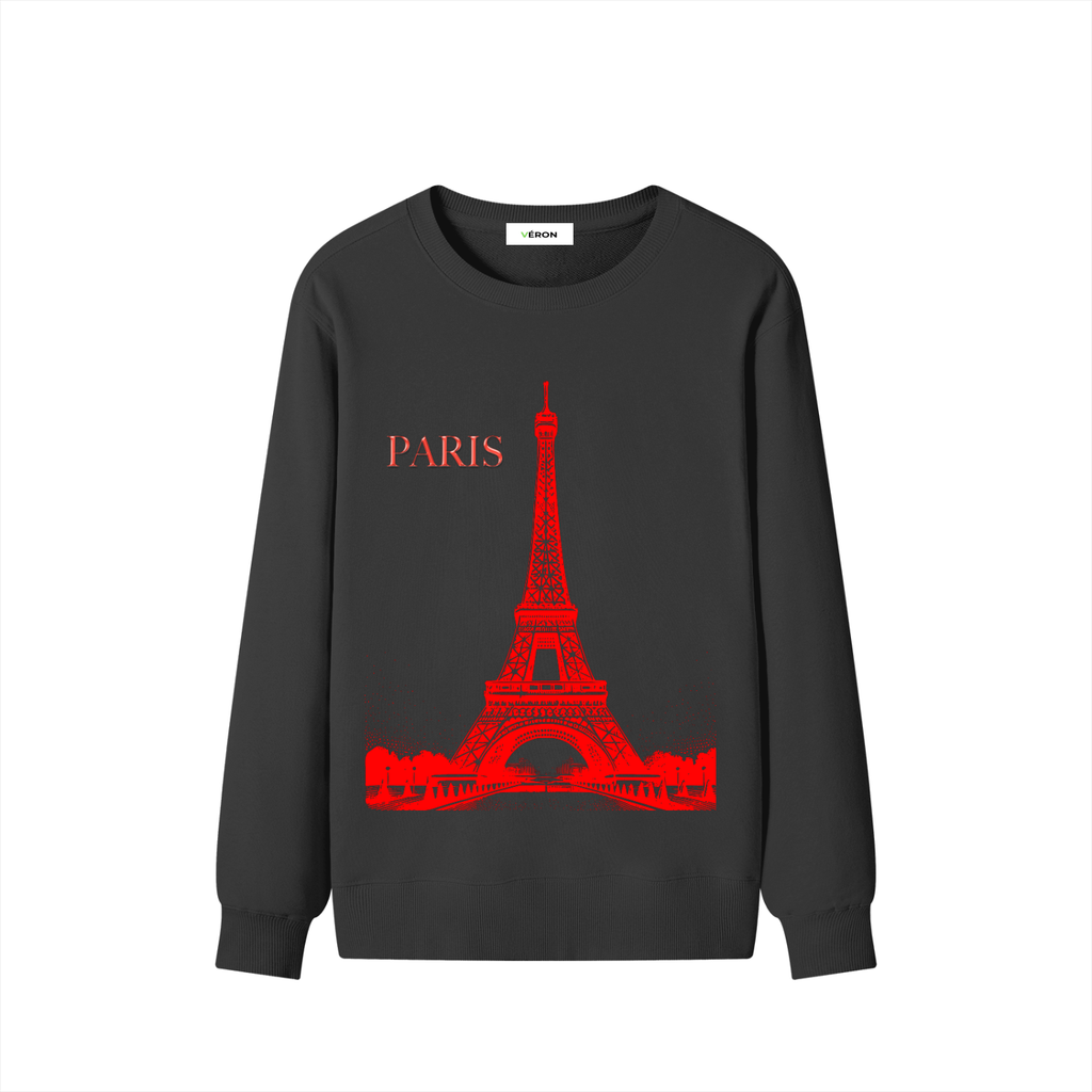 Black sweatshirt with red Eiffel Tower design and 'PARIS' text on a white background