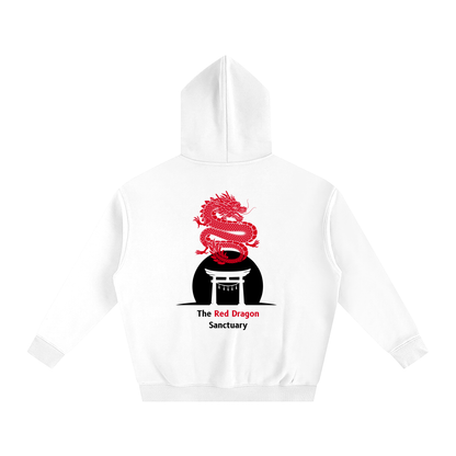 White hoodie with red dragon design on a white background