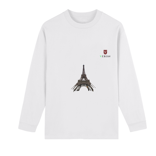 White long-sleeve shirt with Eiffel Tower design and 'VERON' branding on a white background.