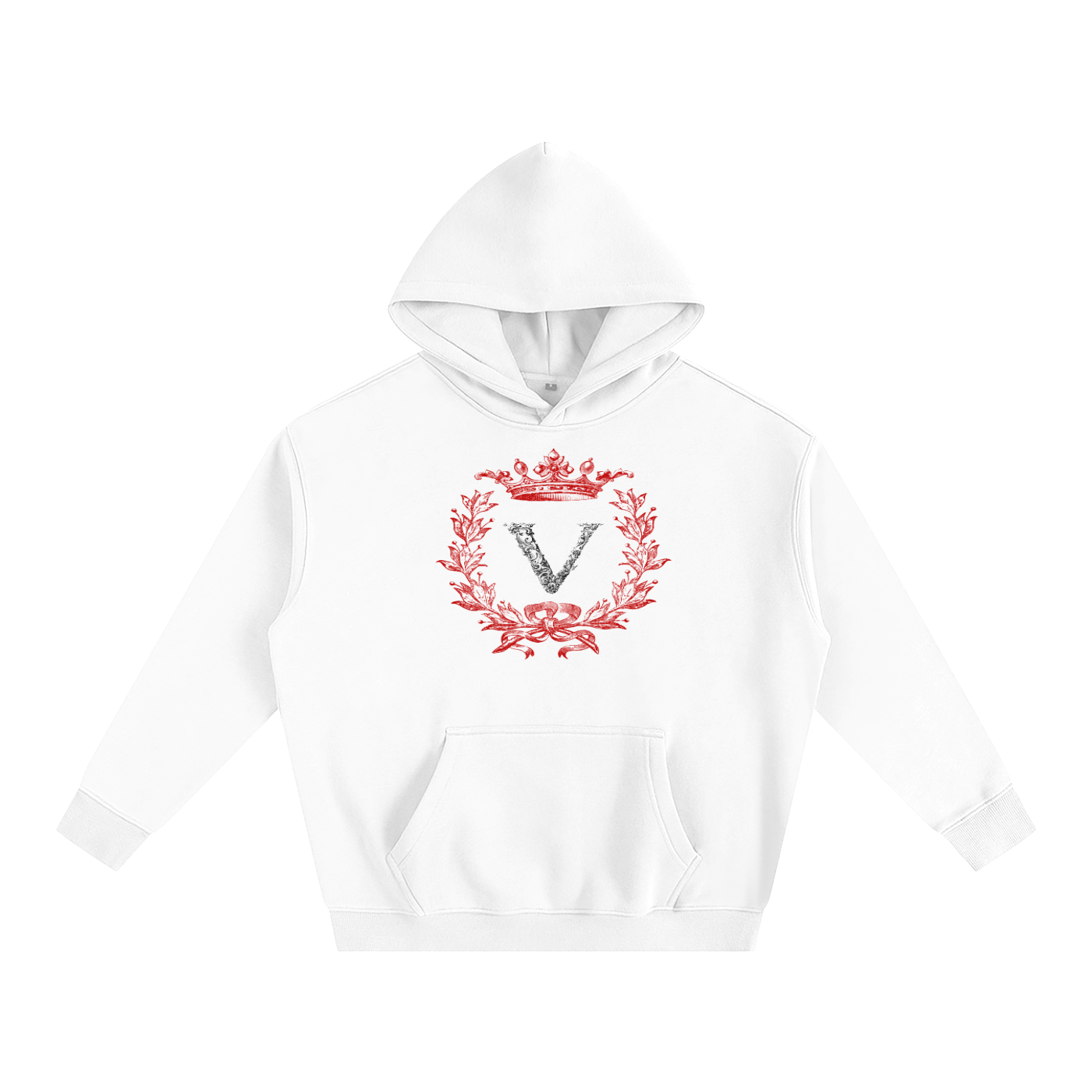 White hoodie with red floral design and letter 'VERON' on a white background