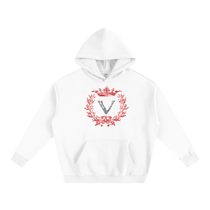 White hoodie with red floral design and letter 'VERON' on a white background