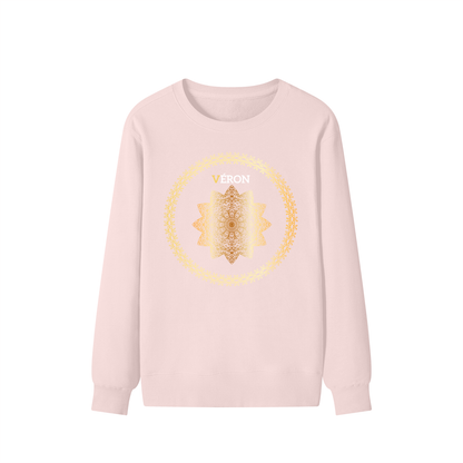 Pink sweatshirt with a yellow graphic design on a white background