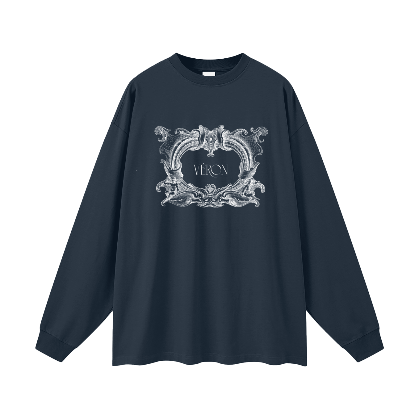 Navy blue long-sleeve shirt with decorative white logo on a white background
