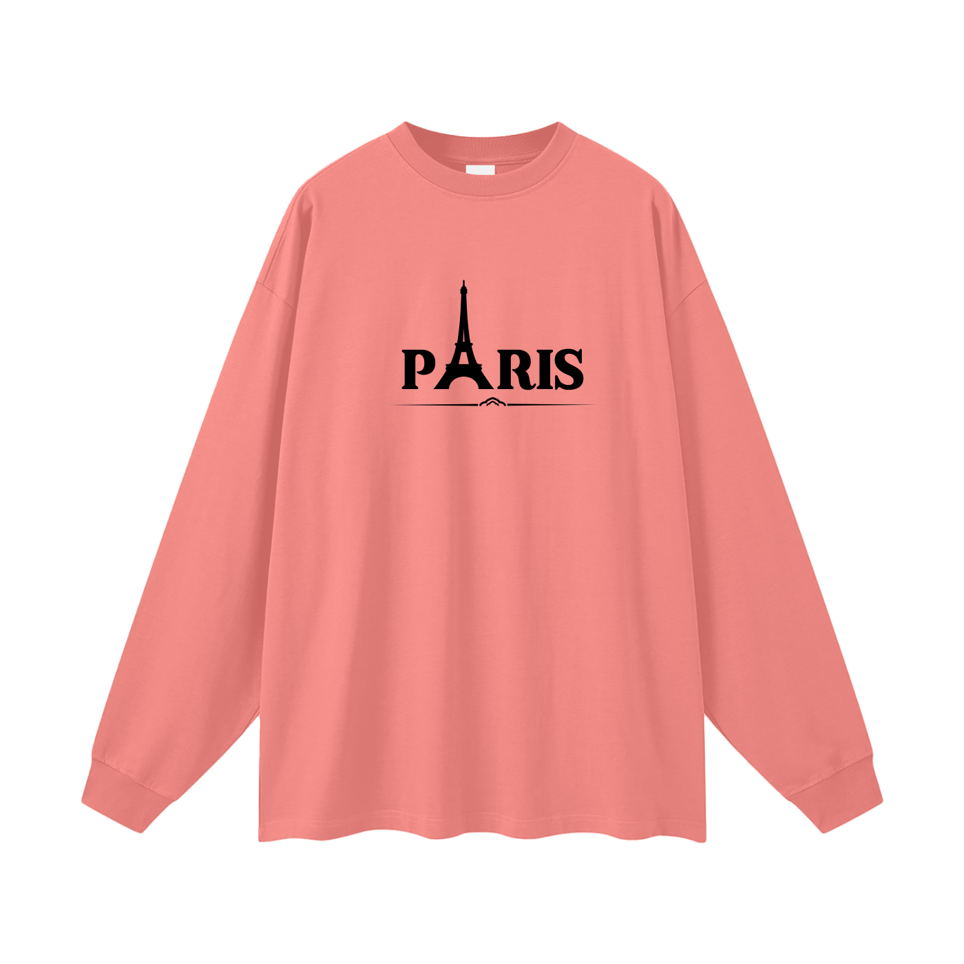 Pink long-sleeve shirt with 'PARIS' and Eiffel Tower design on a white background
