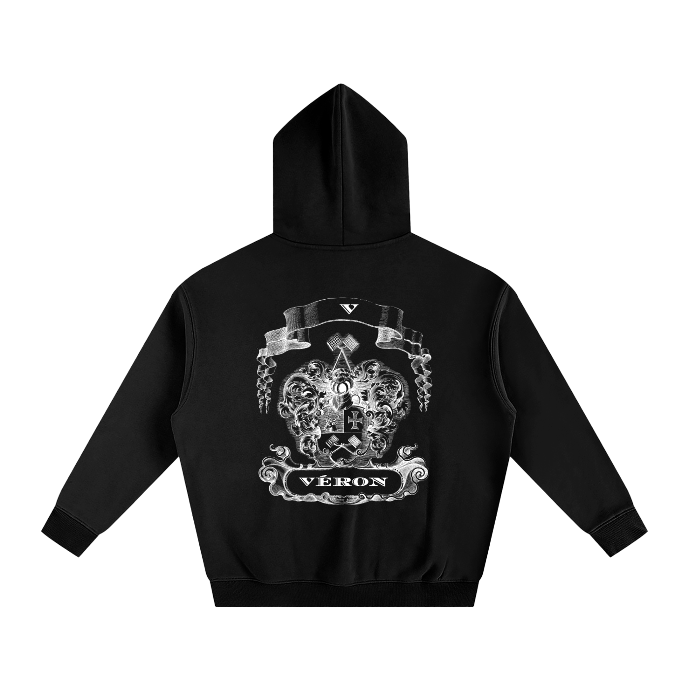 Black hoodie with a white emblem and 'VERON' text on the back against a white background