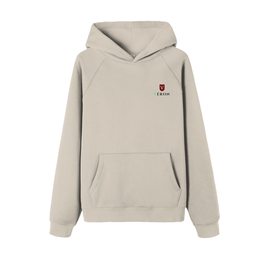 VERON Beige hoodie with a logo on the chest against a white background