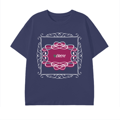 VERON Navy blue t-shirt with pink graphic design and 'Yerom' text on a white background