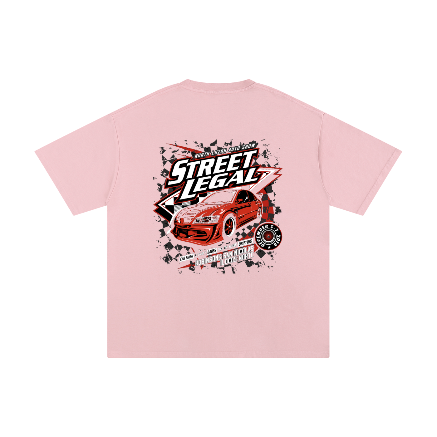 Pink t-shirt with a red car graphic and 'Street Legal' text on a white background