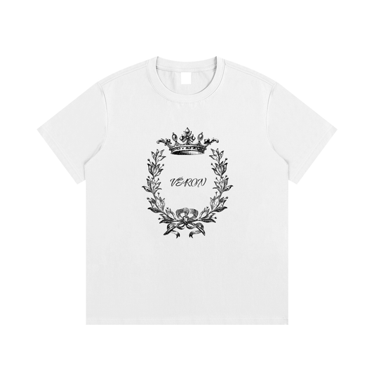 White t-shirt with black floral design and 'VERON' text on a white background