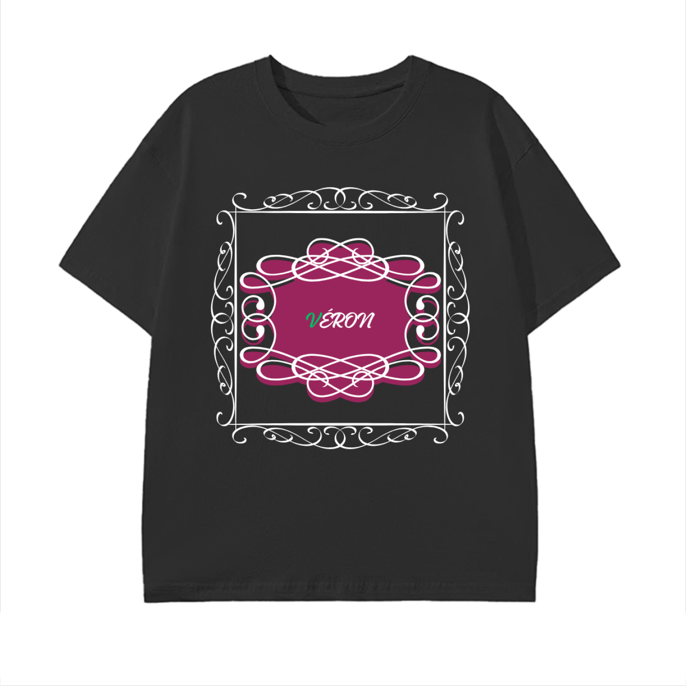 VERON Black t-shirt with pink and white design on a white background