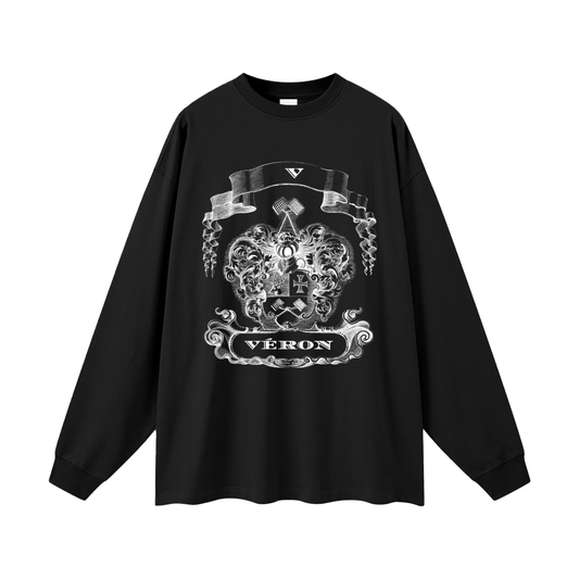 Black long-sleeve shirt with white graphic design and 'VERON' text on a white background