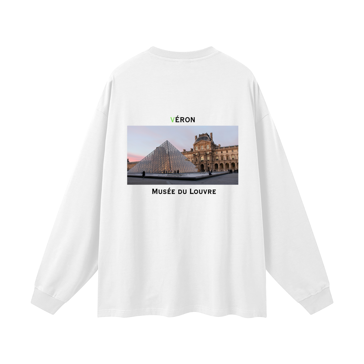 White long-sleeve shirt with a graphic of the Louvre Museum on the back.