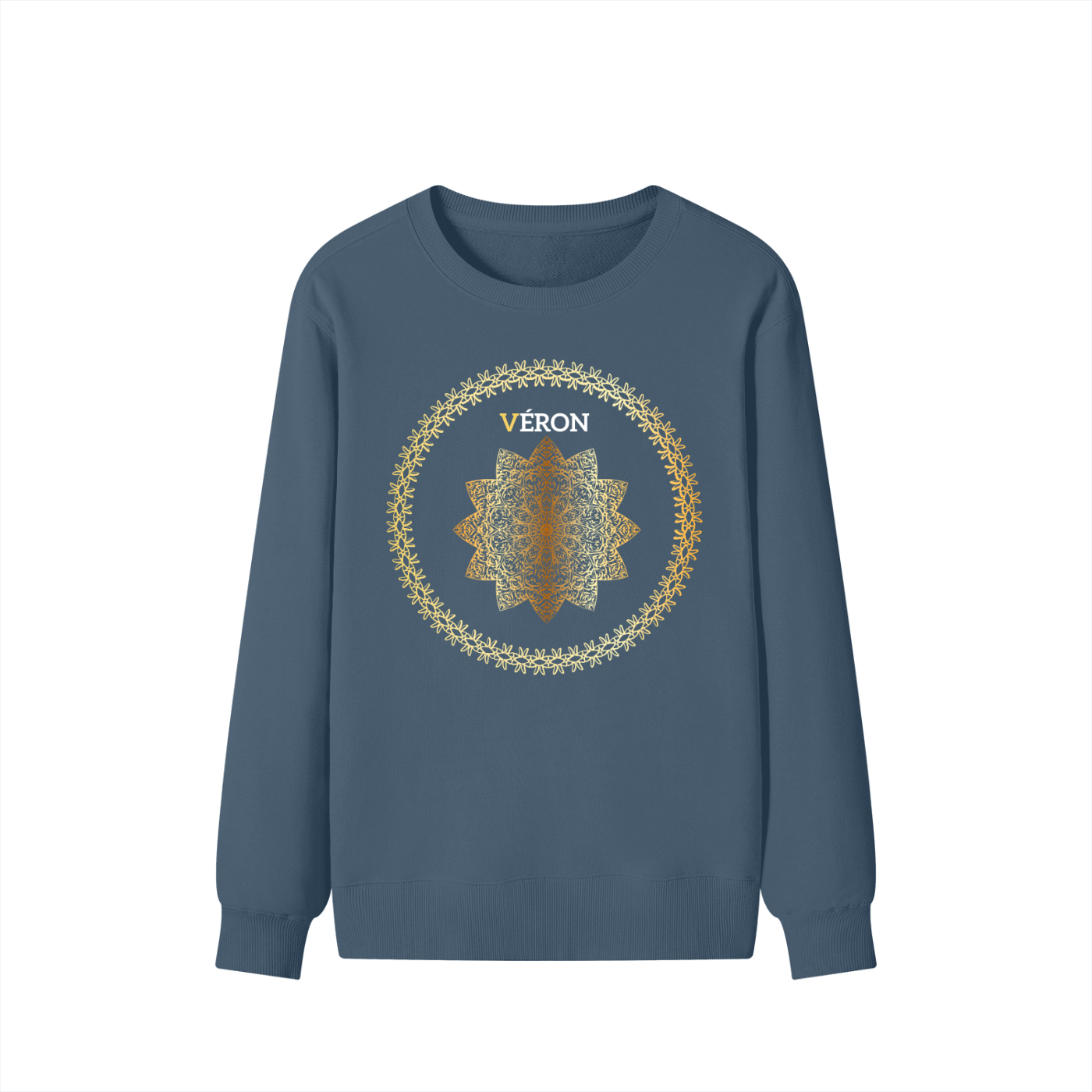 Blue sweatshirt with a decorative circular design and 'VERON' text on a white background