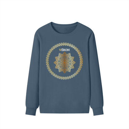 Blue sweatshirt with a decorative circular design and 'VERON' text on a white background
