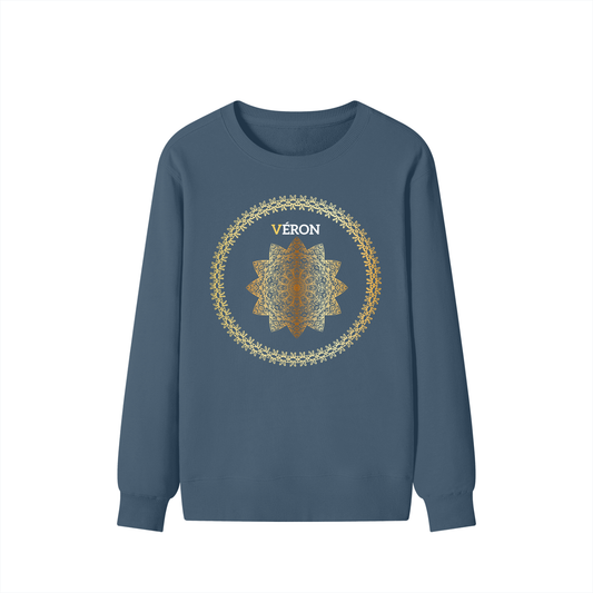 Blue sweatshirt with a decorative circular design and 'VERON' text on a white background