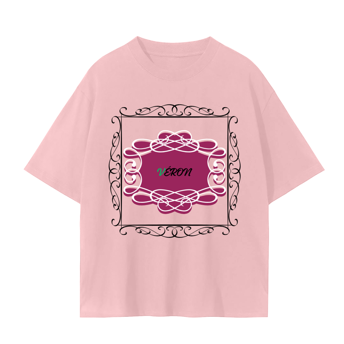 Pink t-shirt with decorative design and 'VERON' text on a white background