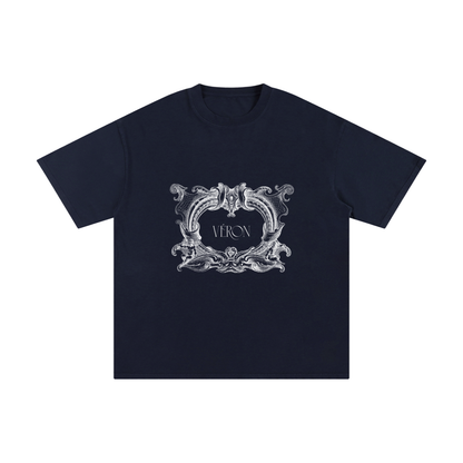 Navy t-shirt with decorative white logo and 'VERON' text on a white background