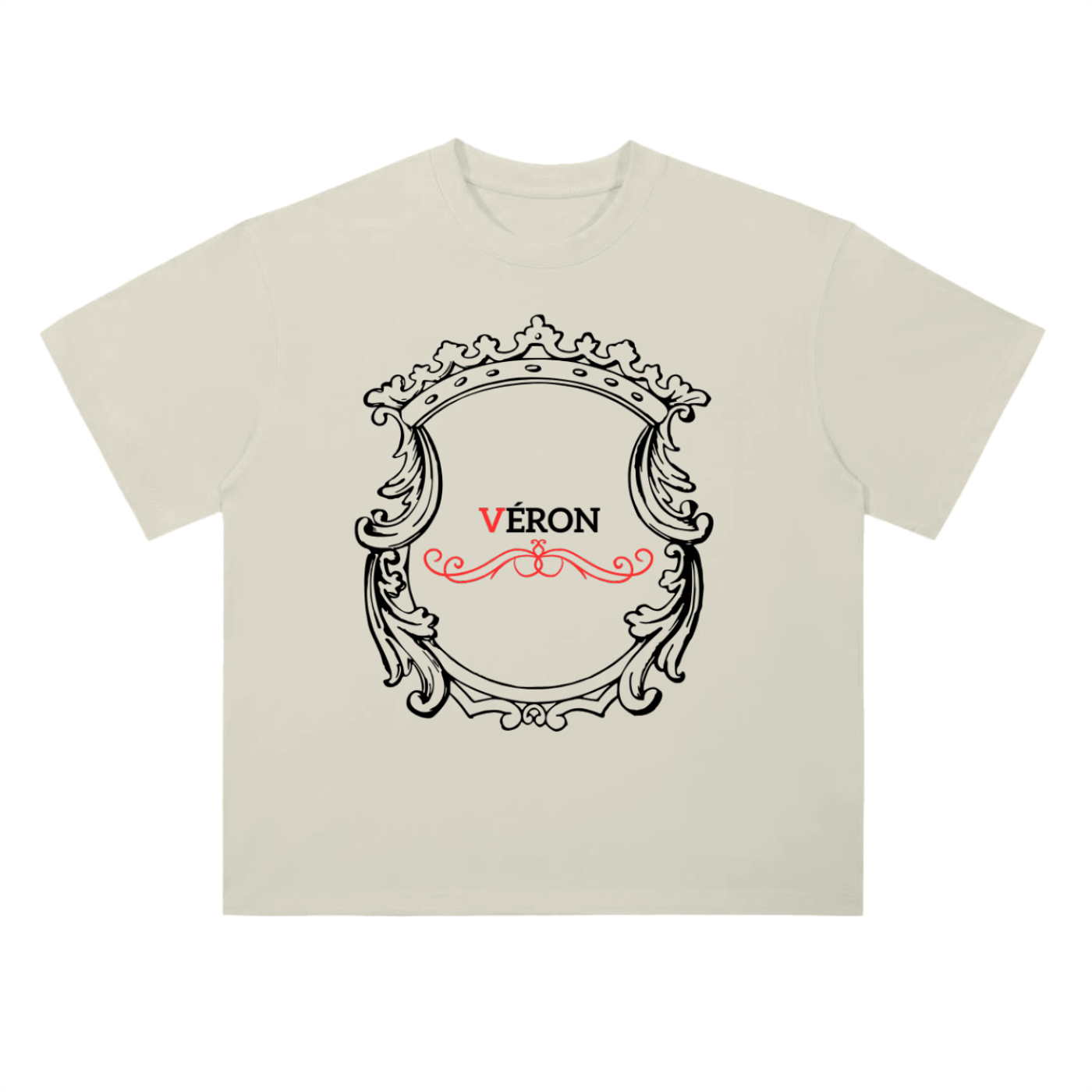 Beige t-shirt with decorative frame and 'Véron' text on a white background