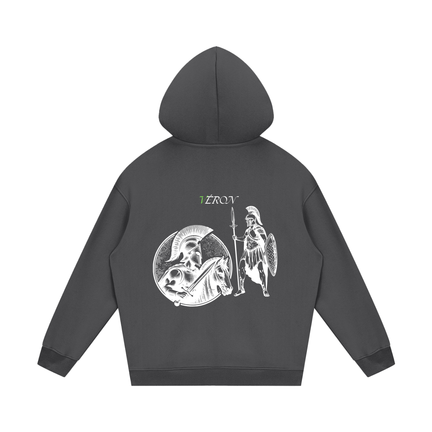 VERON Dark gray hoodie with warrior design on the back against a white background