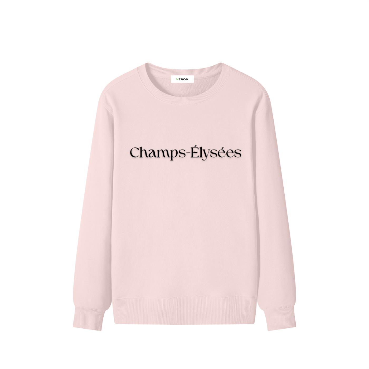Pink sweatshirt with 'Champs Élysées' text on a white background