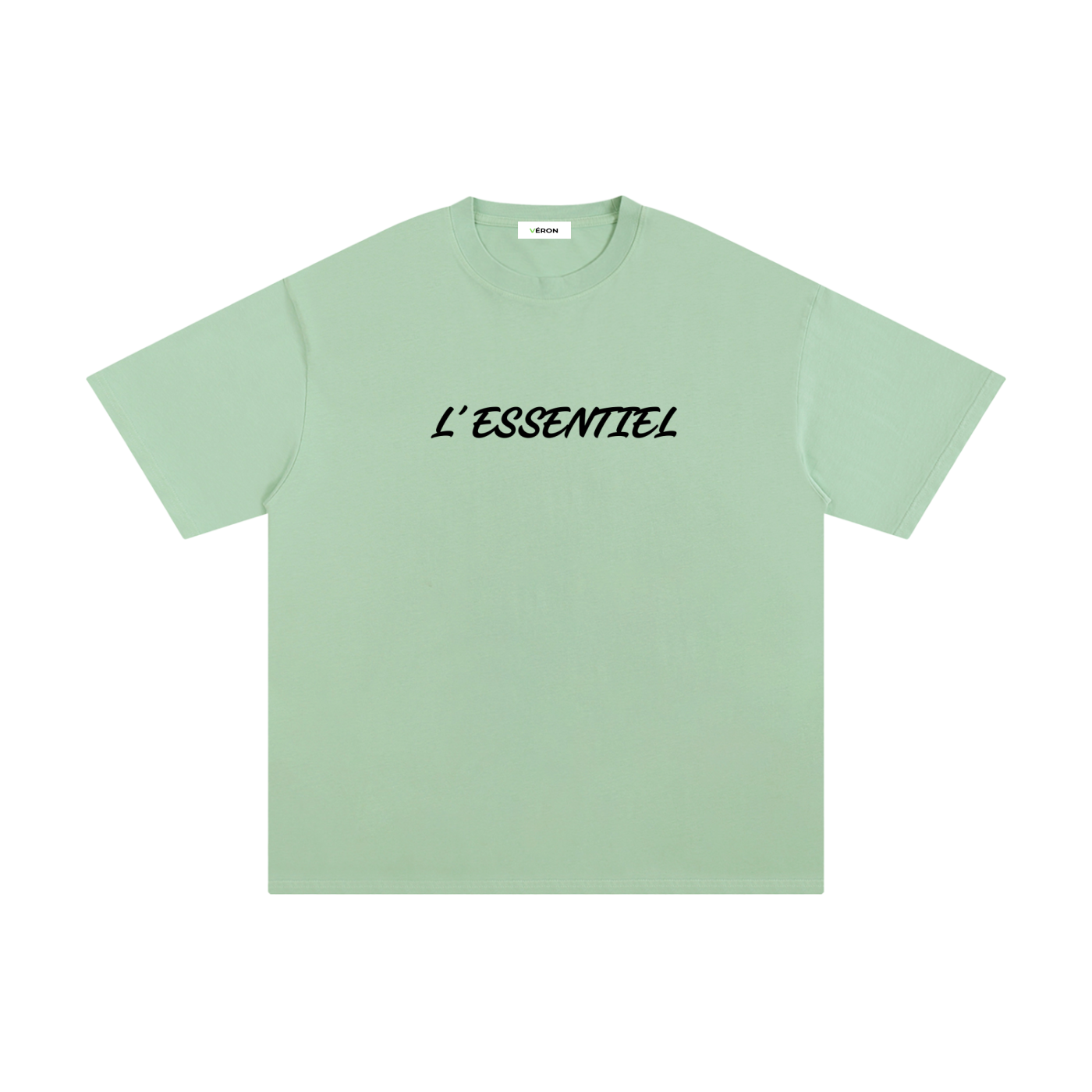 Light green t-shirt with 'L'ESSENTIEL' text on a white background