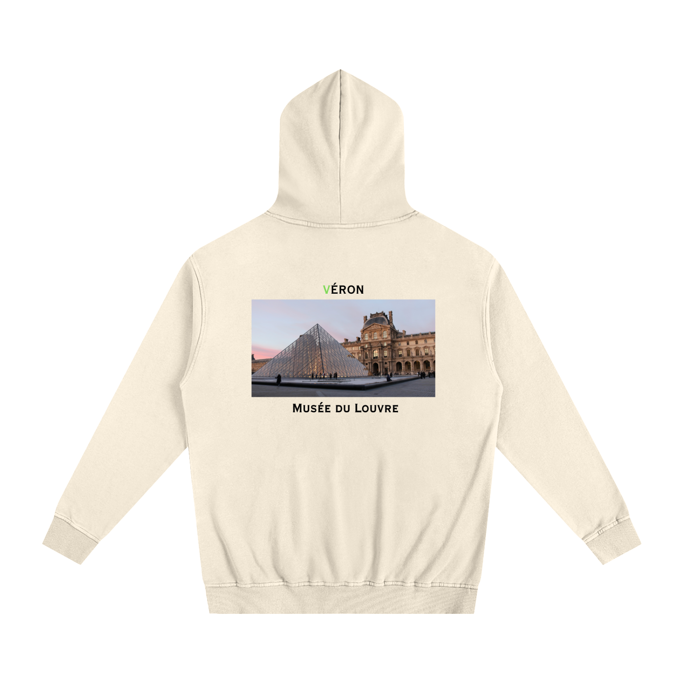 Beige hoodie with a graphic of the Louvre Museum on the back