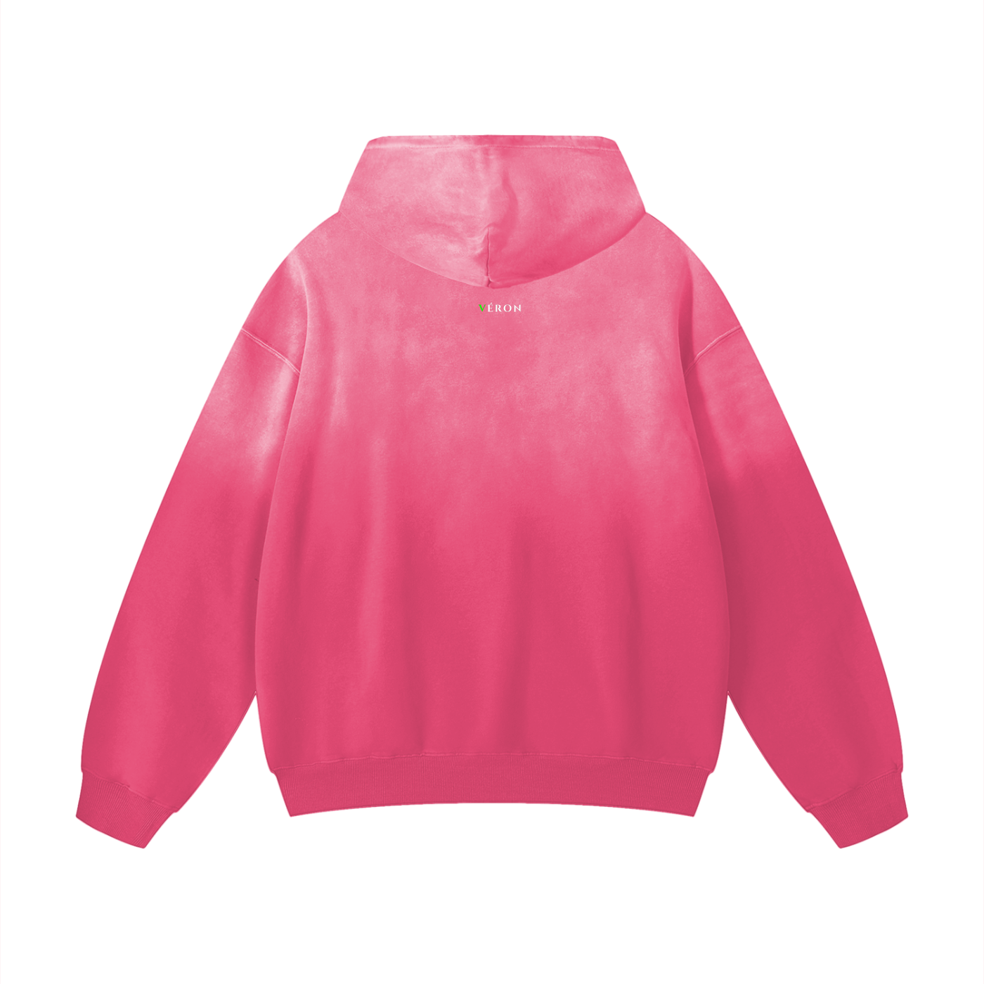 Pink hoodie with brand logo on the back against a white background