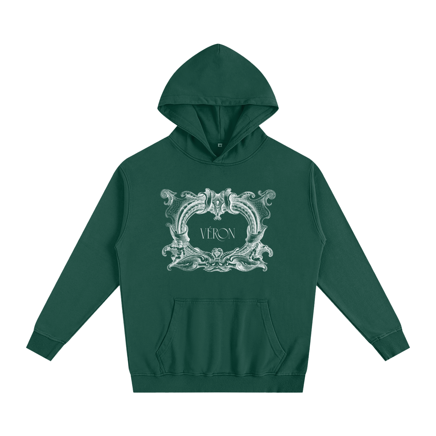 Green hoodie with decorative emblem and 'VERON' text on a white background