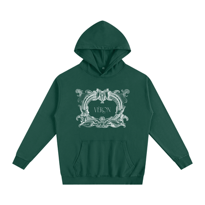 Green hoodie with decorative emblem and 'VERON' text on a white background