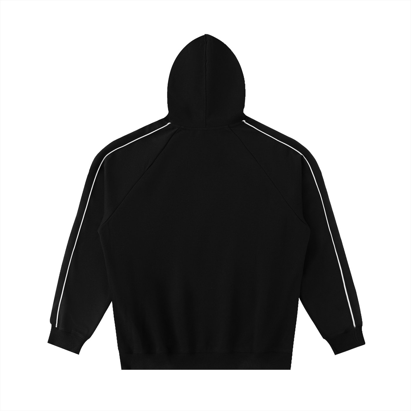 Black hoodie with white stripes on sleeves on a white background