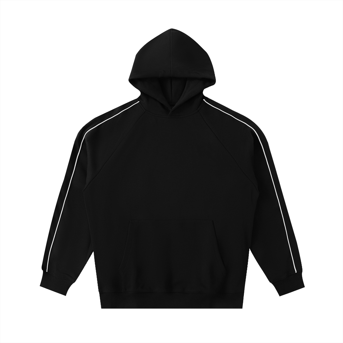 Black hoodie with white stripes on sleeves on a white background