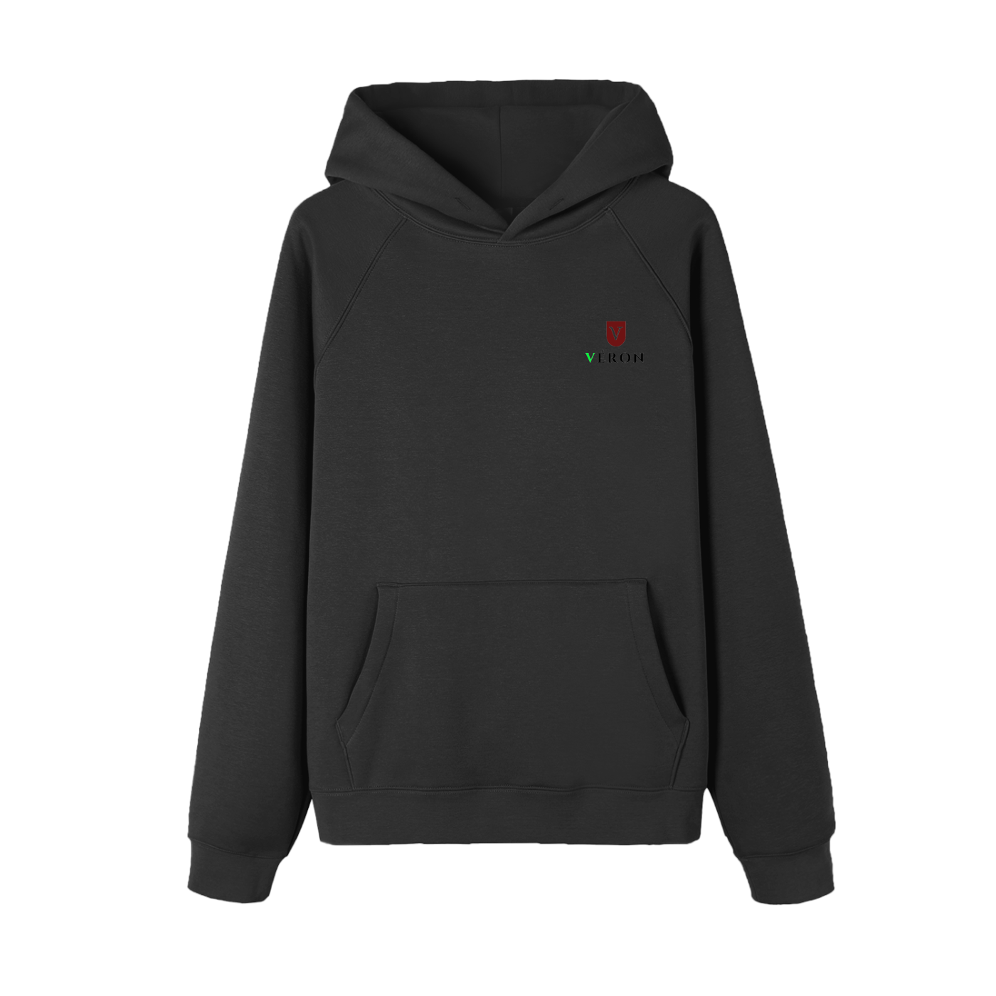 VERON Black hoodie with a small logo on a white background