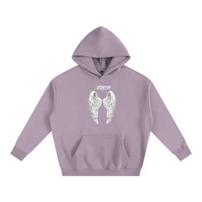Purple hoodie with angel wings design on a white background