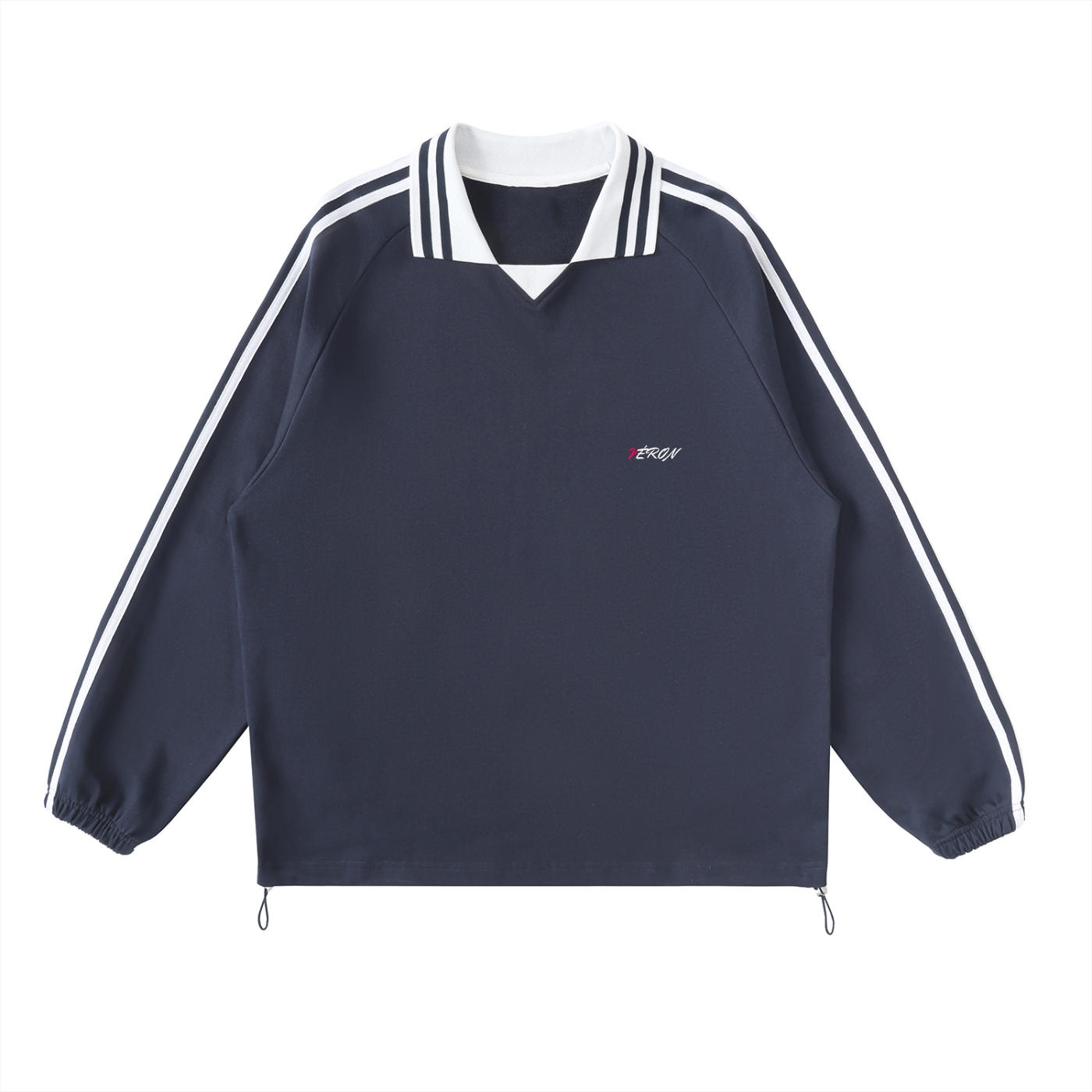 VERON Navy jacket with white stripes on shoulders and collar on a white background