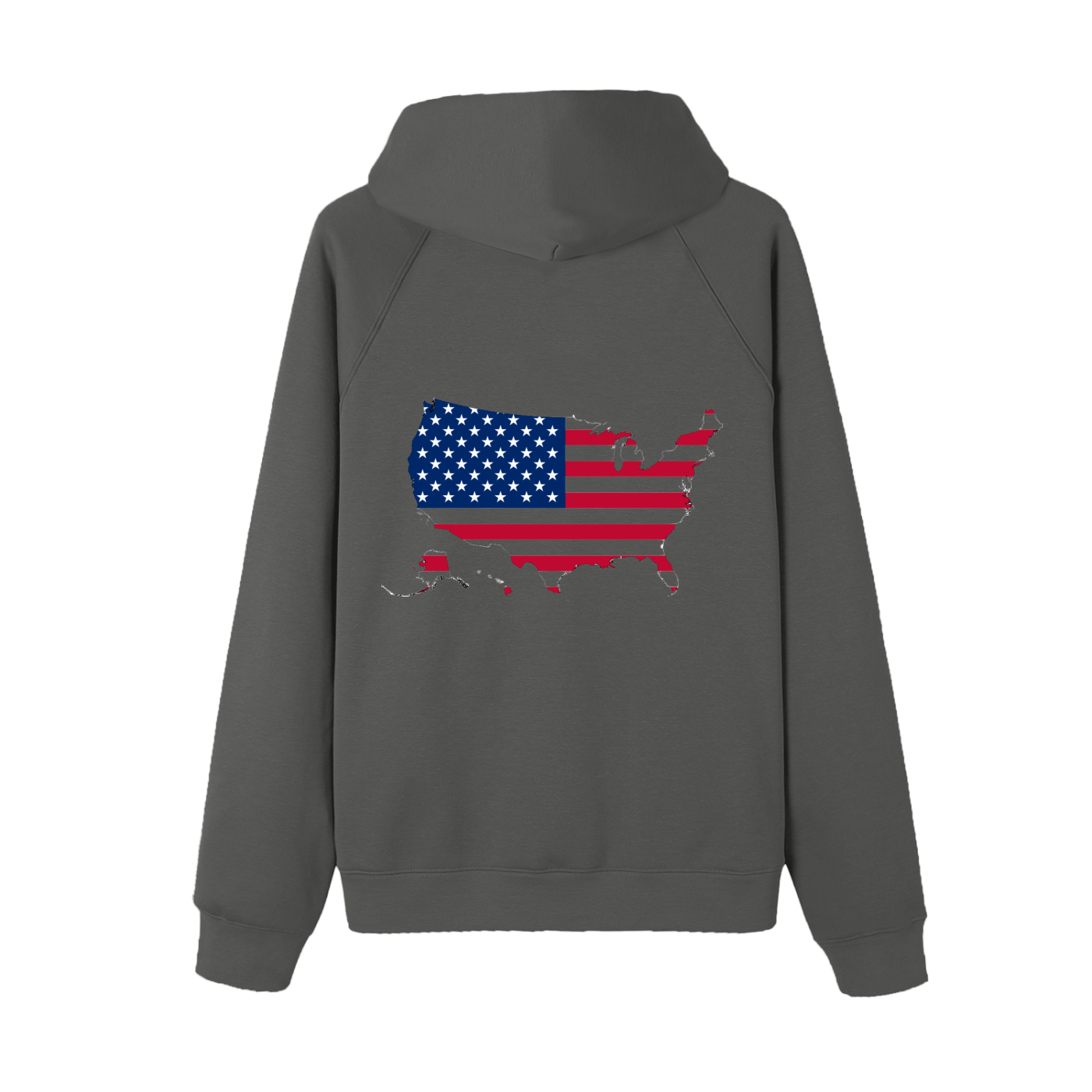 VERON Gray hoodie with American flag design on the back against a white background