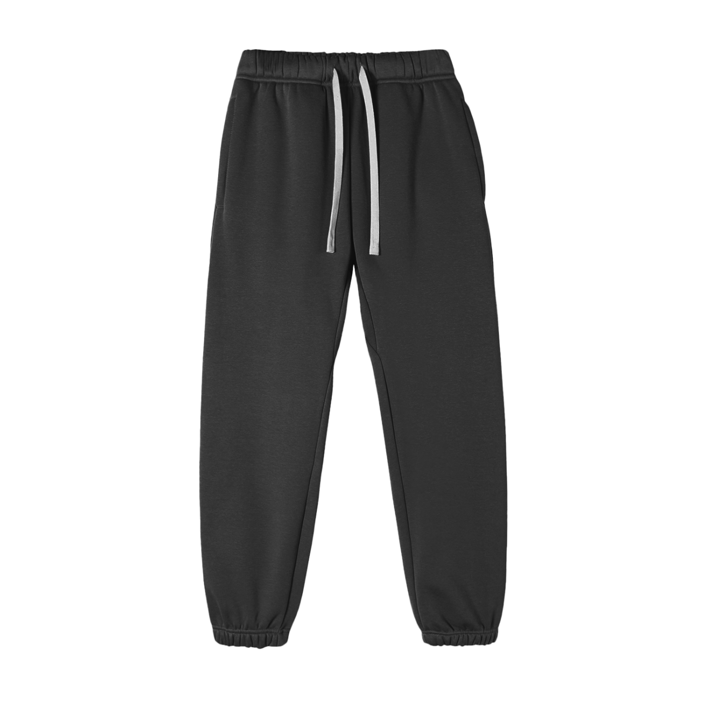 Black jogger pants with a white drawstring on a white background