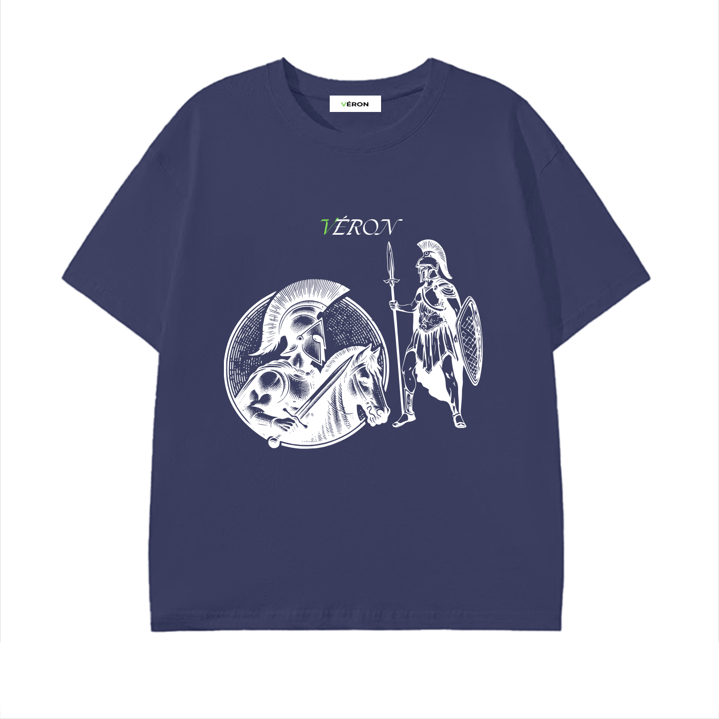 Navy blue t-shirt with white graphic design on a white background