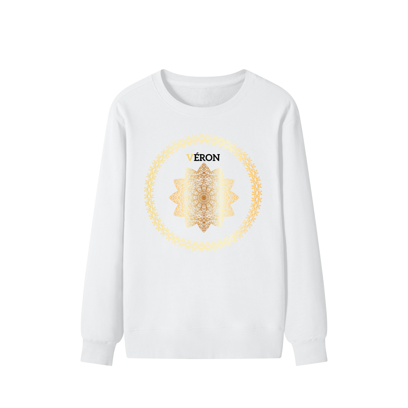 White sweatshirt with a gold geometric design and 'Véron' branding on a white background