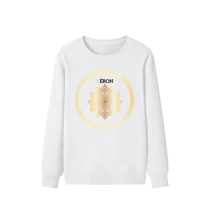 White sweatshirt with a gold geometric design and 'Véron' branding on a white background