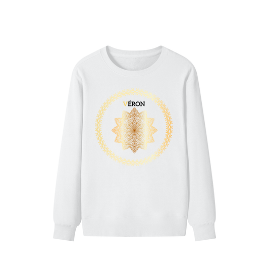 White sweatshirt with a gold geometric design and 'Véron' branding on a white background